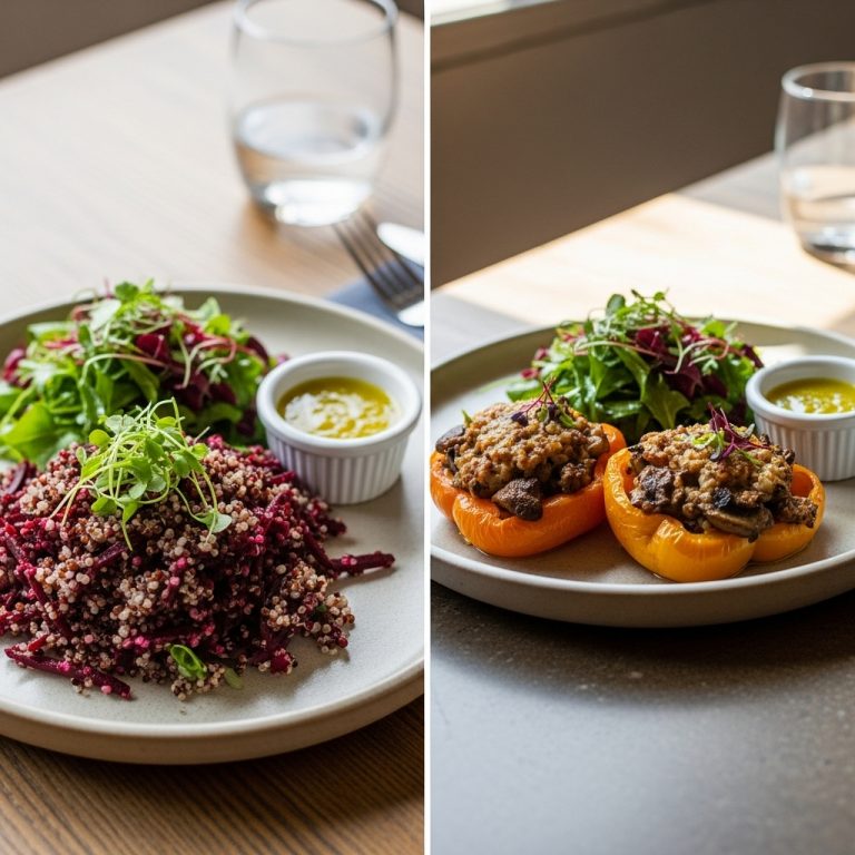 Garden Fresh Vegan Australian Lunch: Earthy Beetroot & Quinoa Salad with Mushroom-Stuffed Peppers and Zesty Citrus Dressing