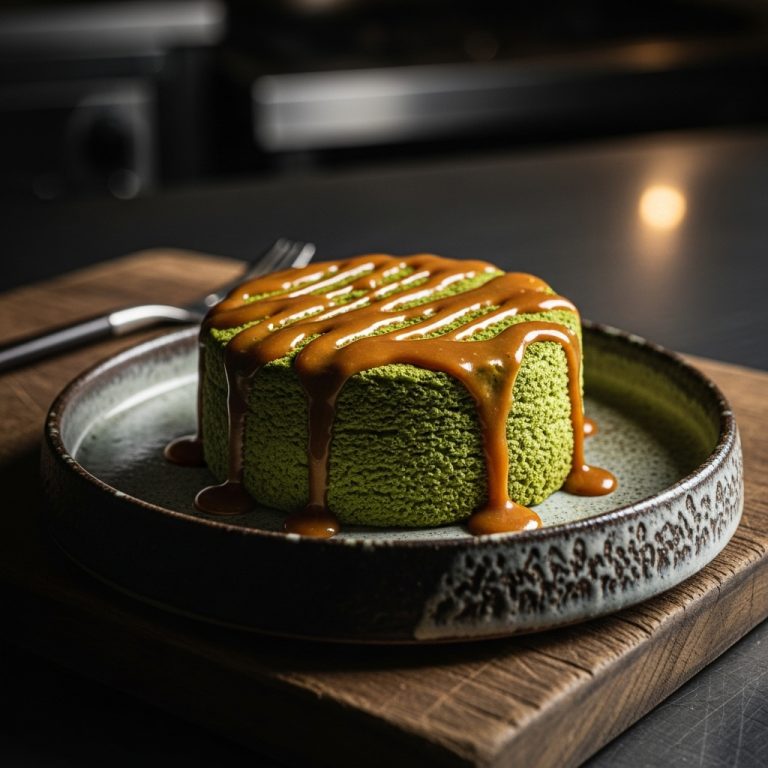 Garden Fresh Vegan Matcha Mochi Cake with Miso Caramel Drizzle