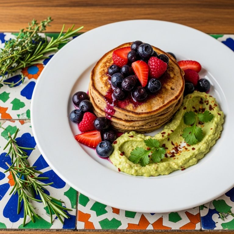 German Brunch Delight: Fluffy Gluten-Free Pancakes with Fruit Compote & Creamy Avocado Spread