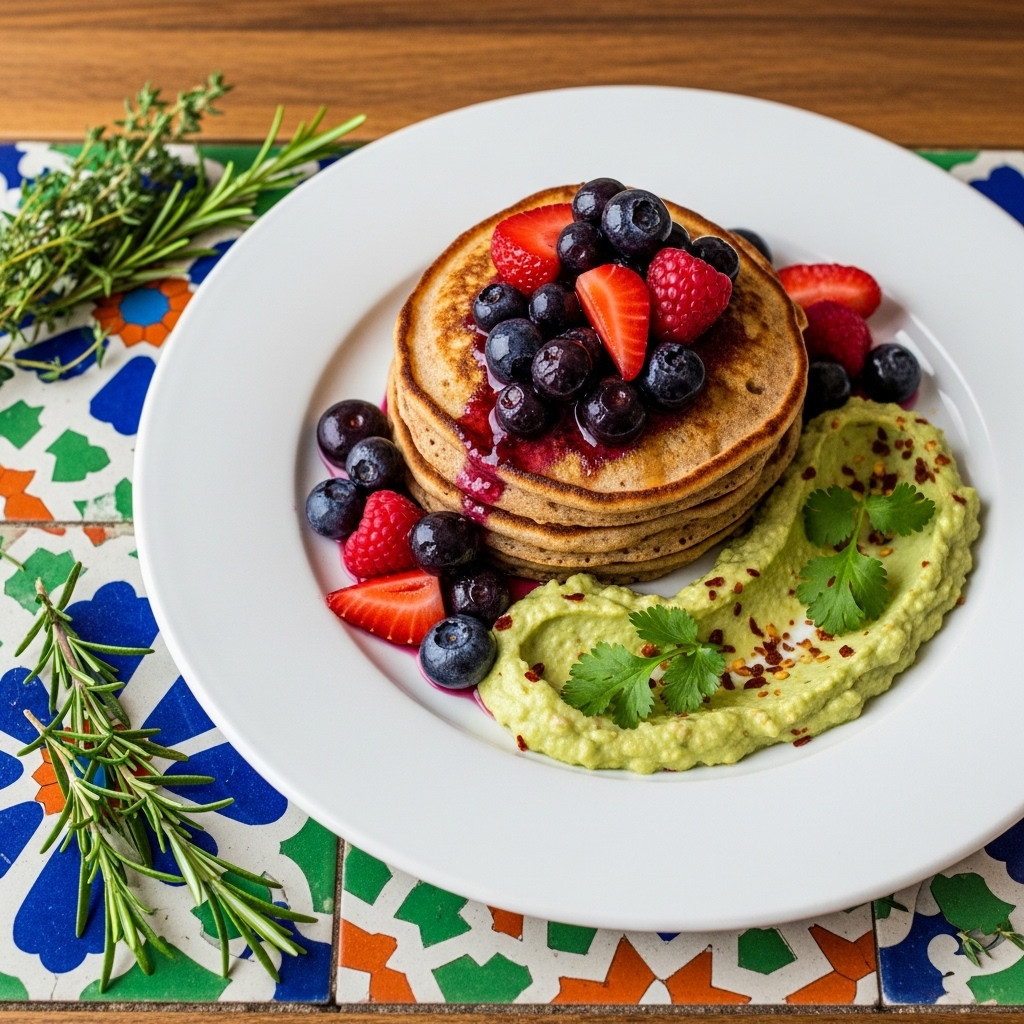 German Brunch Delight: Fluffy Gluten-Free Pancakes with Fruit Compote & Creamy Avocado Spread