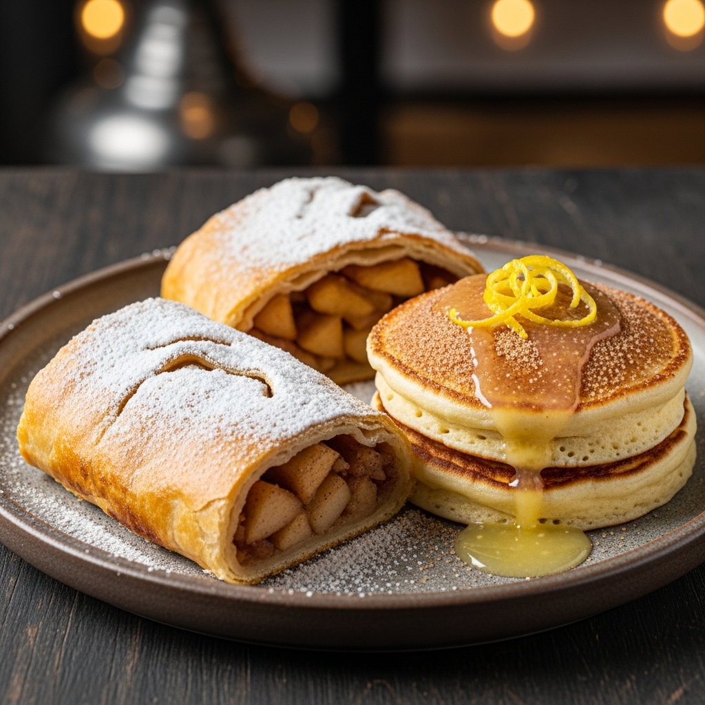 German Brunch Feast: Apple Strudel Pancakes with Cinnamon Sugar and Lemon-Butter Sauce