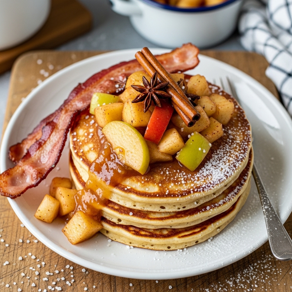 German Brunch Feast: Delectable Pretzel Pancakes with Apple Compote and Bacon