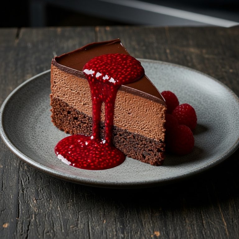 German Frozen Chocolate Keto Mousse Cake with Raspberry Sauce