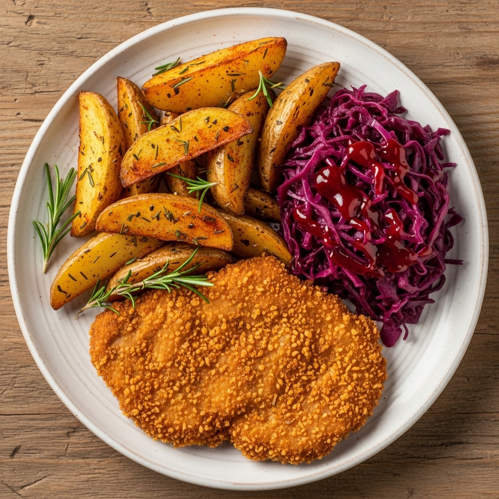 “German Gluten-Free Schnitzel Feast with Herbed Potato Wedges and Spicy Red Cabbage”