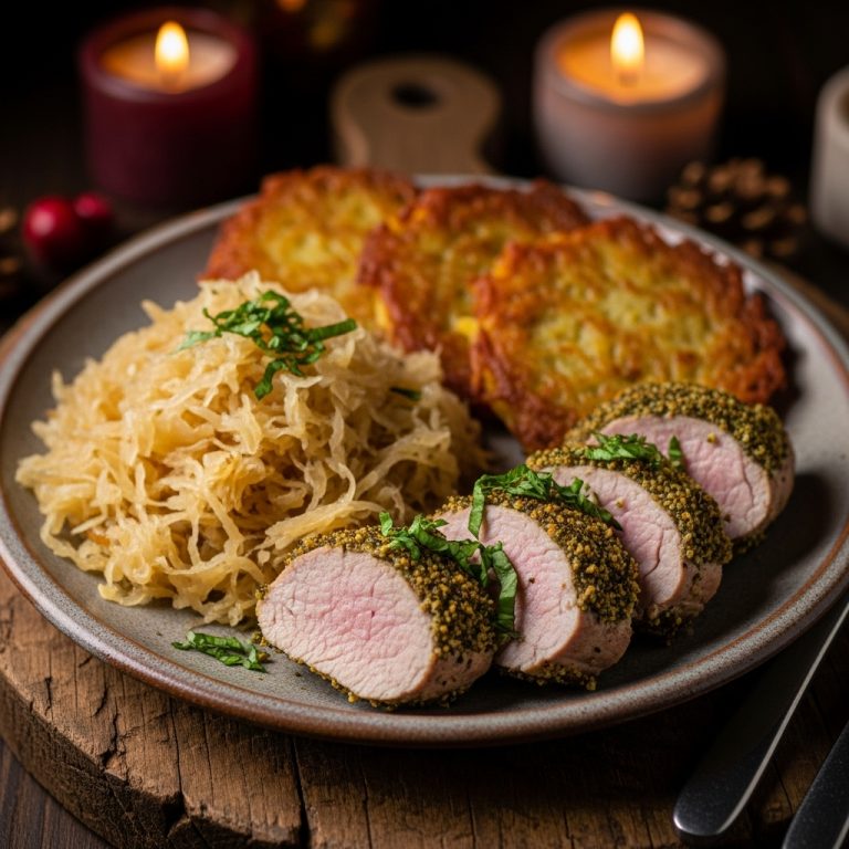 “German Lunch Symphony: Herb-Crusted Pork Tenderloin with Sauerkraut & Potato Pancakes”