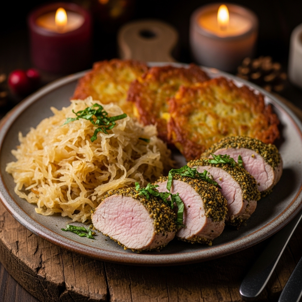 “German Lunch Symphony: Herb-Crusted Pork Tenderloin with Sauerkraut & Potato Pancakes”