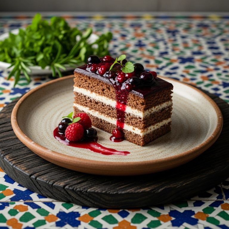 German Schokoladenstange (Chocolate Sponge Cake) with Mascarpone Cream and Berry Compote