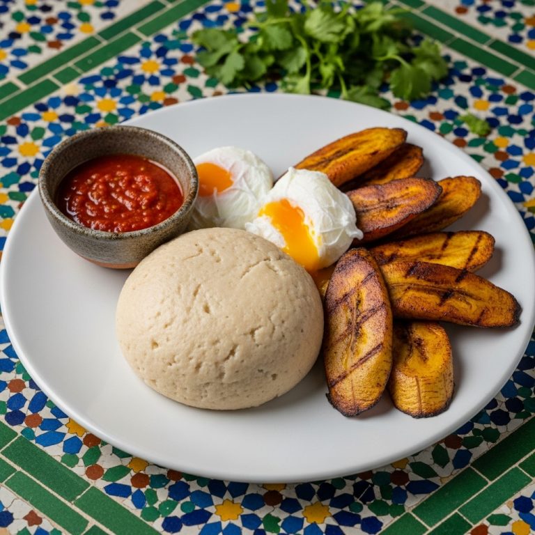 Ghanaian Breakfast Fufu with Smoky Grilled Plantains and Poached Eggs (Gluten-Free)