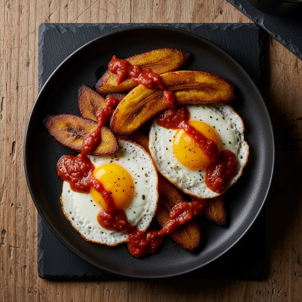 Ghanaian Brunch: Paleo Plantain-Fried Eggs with Smoky Tomato-Palm Wine Sauce