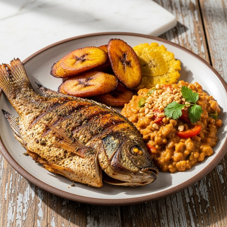 Ghanaian Dinner Delight: Grilled Tilapia with Plantain and Peanut Stew