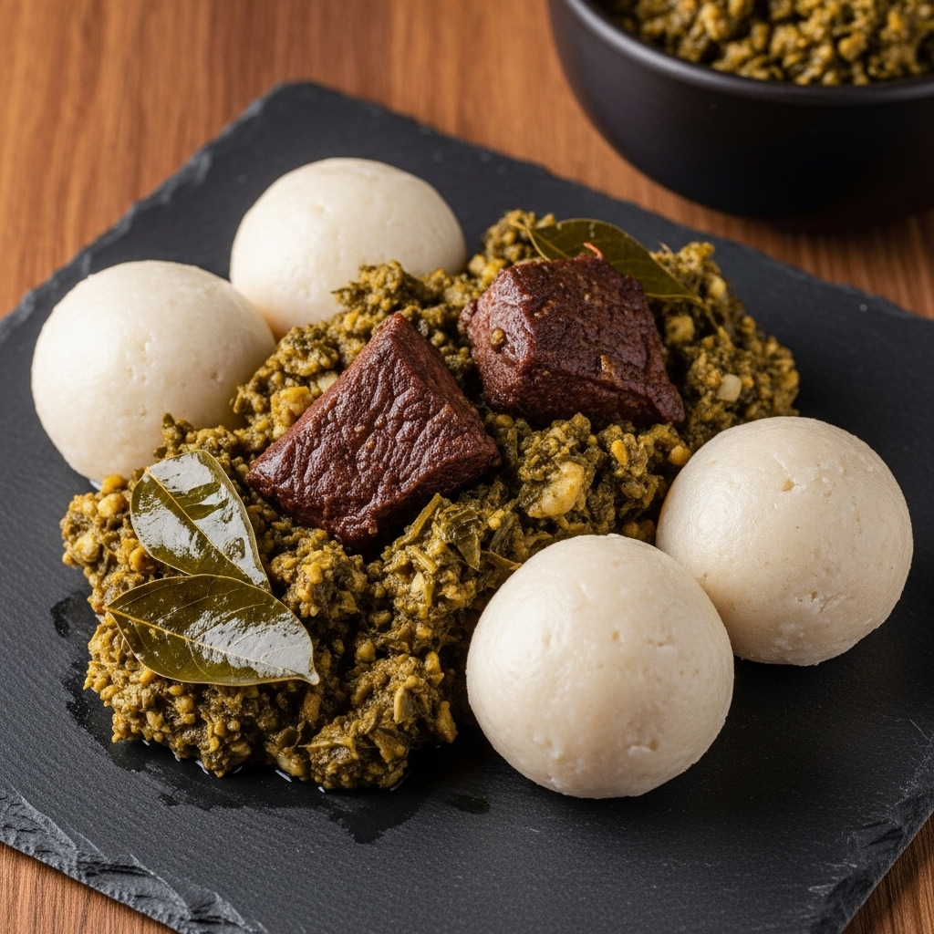 “Ghanaian Gluten-Free Fufu & Palaver Stew Feast – A Culinary Masterpiece”