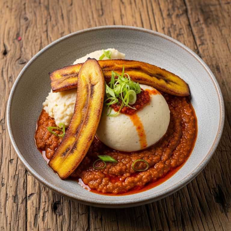 Ghanaian Gluten-Free Fufu Brunch Bowl with Spicy Groundnut Soup and Grilled Plantains