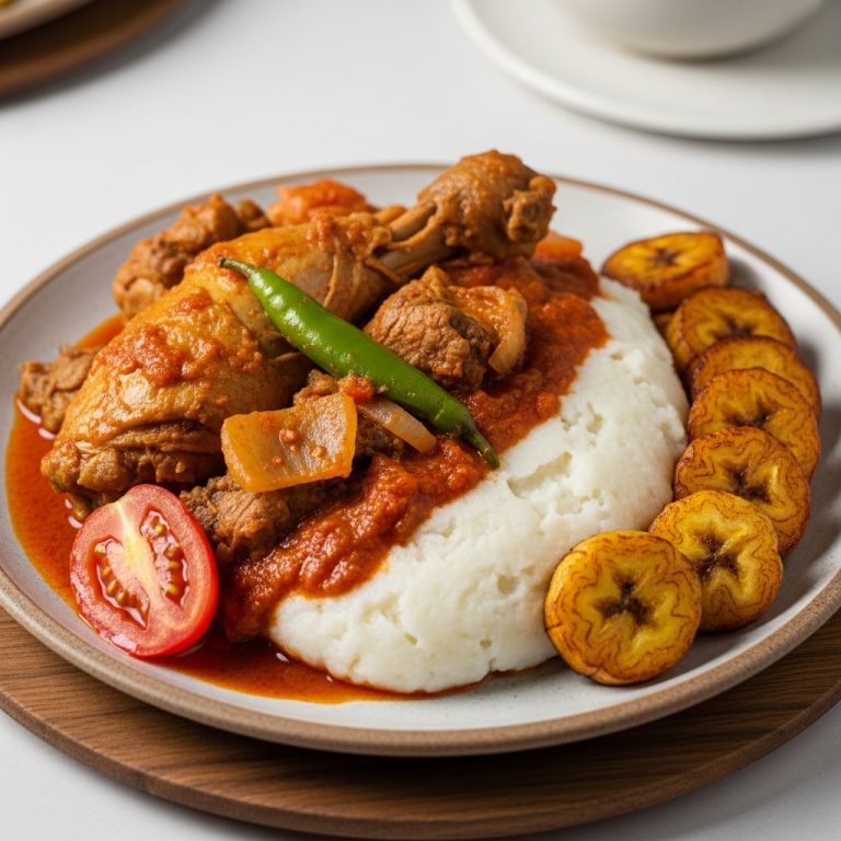 Ghanaian Lunch Delight: Chicken Stew with Fufu and Plantains