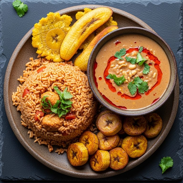 Ghanaian Lunch Feast: Delightful Jollof Rice with Spicy Groundnut Soup & Fried Plantains