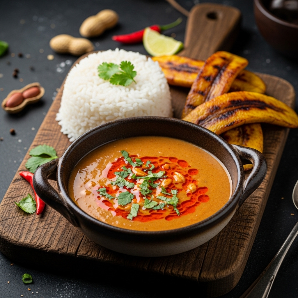 Ghanaian Lunch Special: Spicy Peanut Soup with Rice and Grilled Plantains