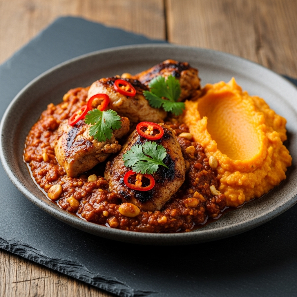 Ghanaian Lunch: Spicy Peanut Stew with Grilled Chicken and Sweet Potato Mash – Paleo-Friendly