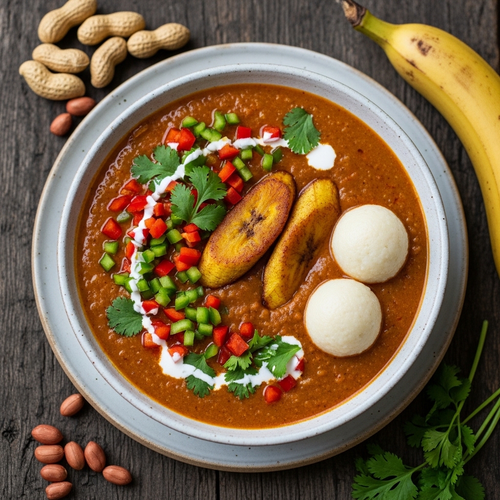 Ghanaian Vegan Peanut Stew with Plant-Based Kelewele and Fufu Balls (Kenkey)