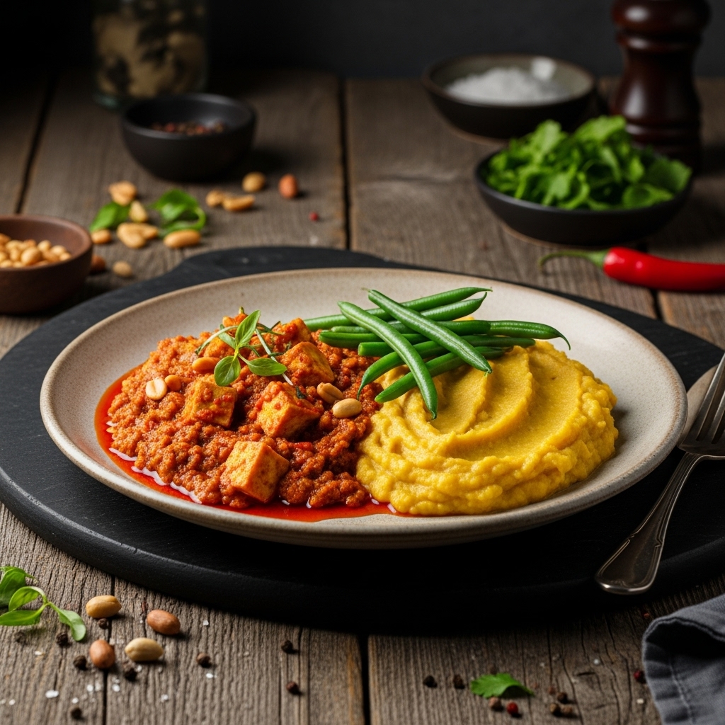 Ghanaian Vegetarian Brunch Delight: Spicy Peanut Tofu Stew & Plantain Mash with Green Beans