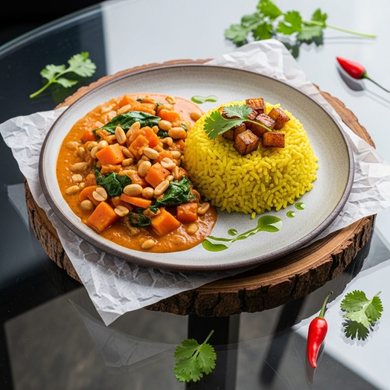 Ghanaian Vegetarian Peanut Stew and Plantain Rice Delight