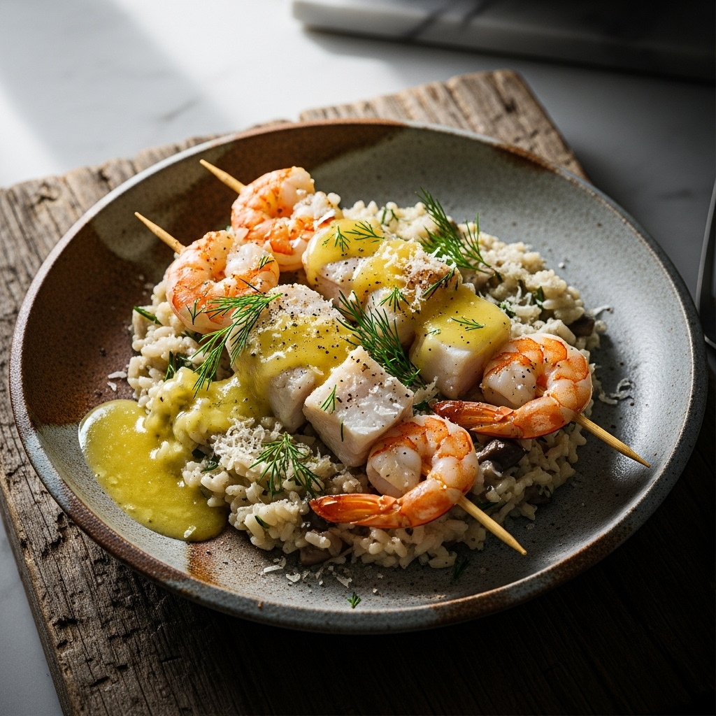 Gluten-Free Australian Seafood Skewers with Herbed Mushroom Risotto & Lemon Dill Sauce