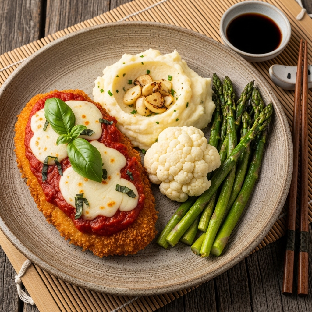 Gluten-Free Chicken Parmesan with Garlic Mashed Cauliflower and Roasted Asparagus