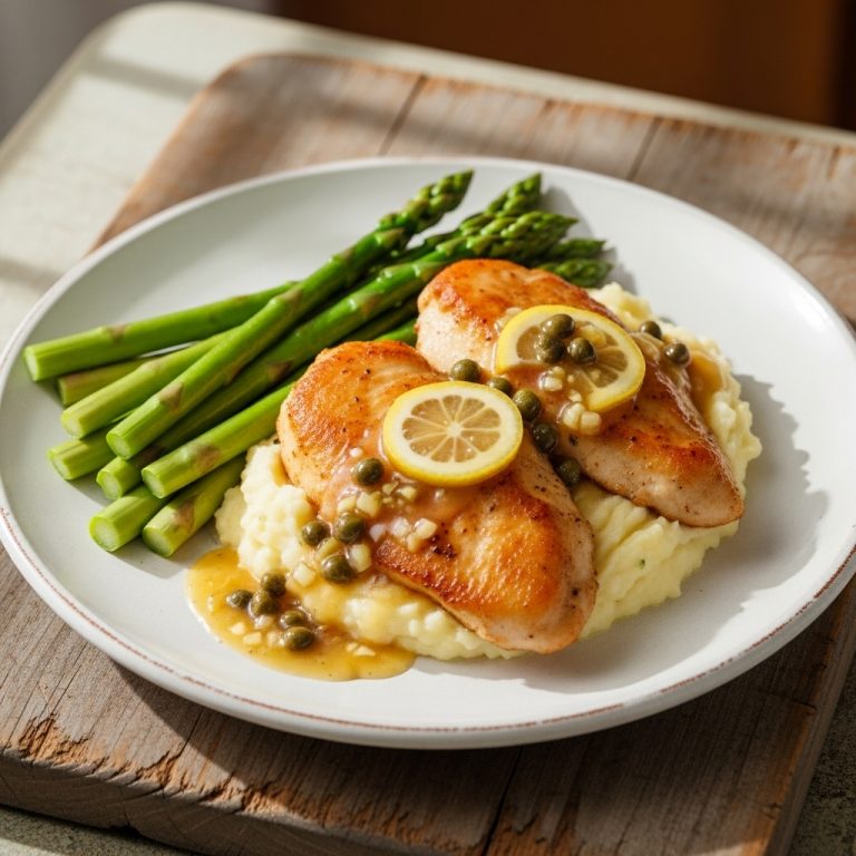 Gluten-Free Chicken Piccata with Garlic Mashed Potatoes and Steamed Asparagus