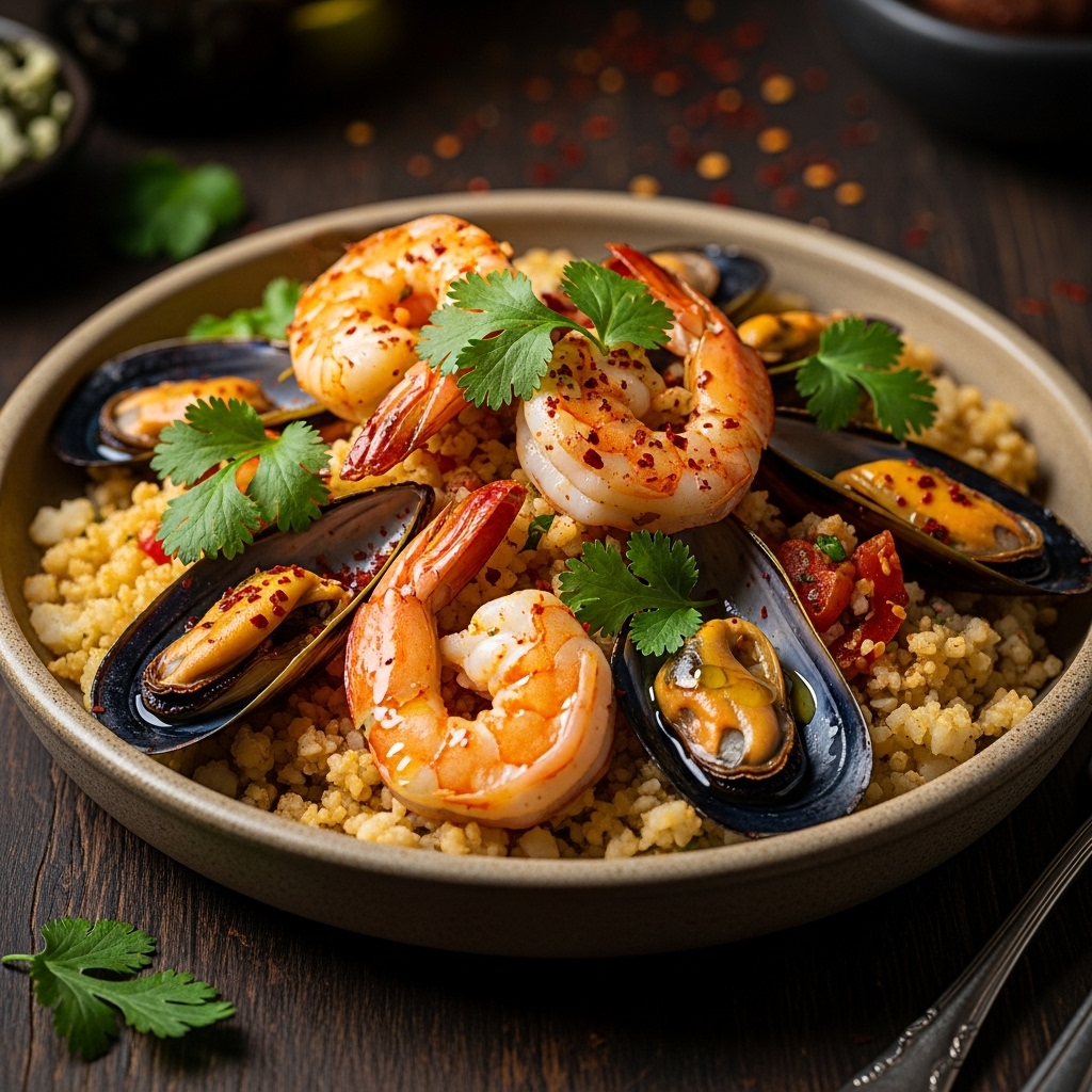 Gluten-Free Chilean Seafood Fiesta: Shrimp, Mussels & Cauliflower Rice Delight