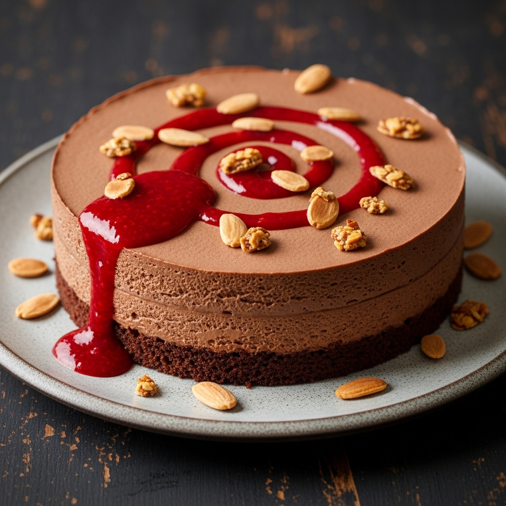Gluten-Free Chocolate Mousse Torte with Raspberry Coulis and Toasted Almonds