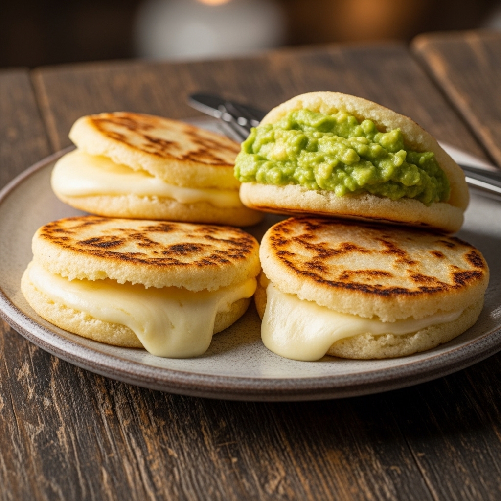 Gluten-Free Colombian Arepas with Ajiaco Cheese Sauce and Guacamole