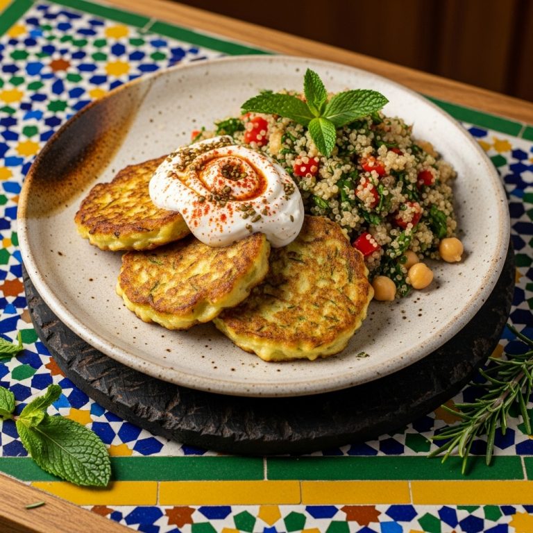 Gluten-Free Egyptian Brunch Delight: Zucchini Fritters with Spiced Labneh and Herbed Quinoa