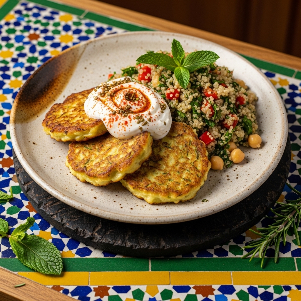 Gluten-Free Egyptian Brunch Delight: Zucchini Fritters with Spiced Labneh and Herbed Quinoa