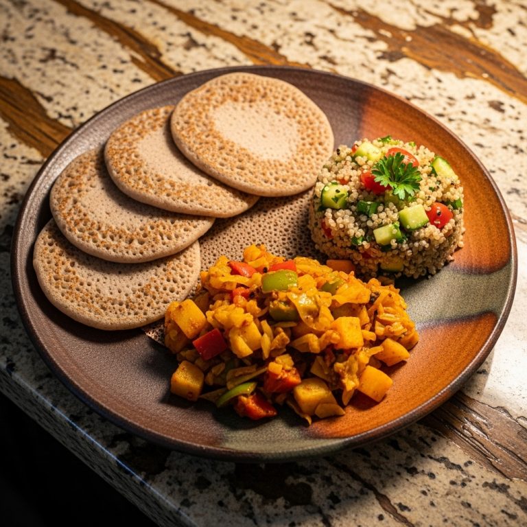Gluten-Free Ethiopian Brunch: Injera Pancakes with Vegetable Stew & Quinoa Salad