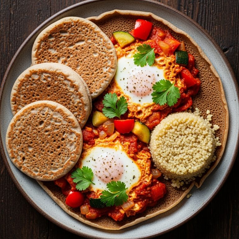 Gluten-Free Ethiopian Injera Pancakes with Veggie Shakshuka & Quinoa
