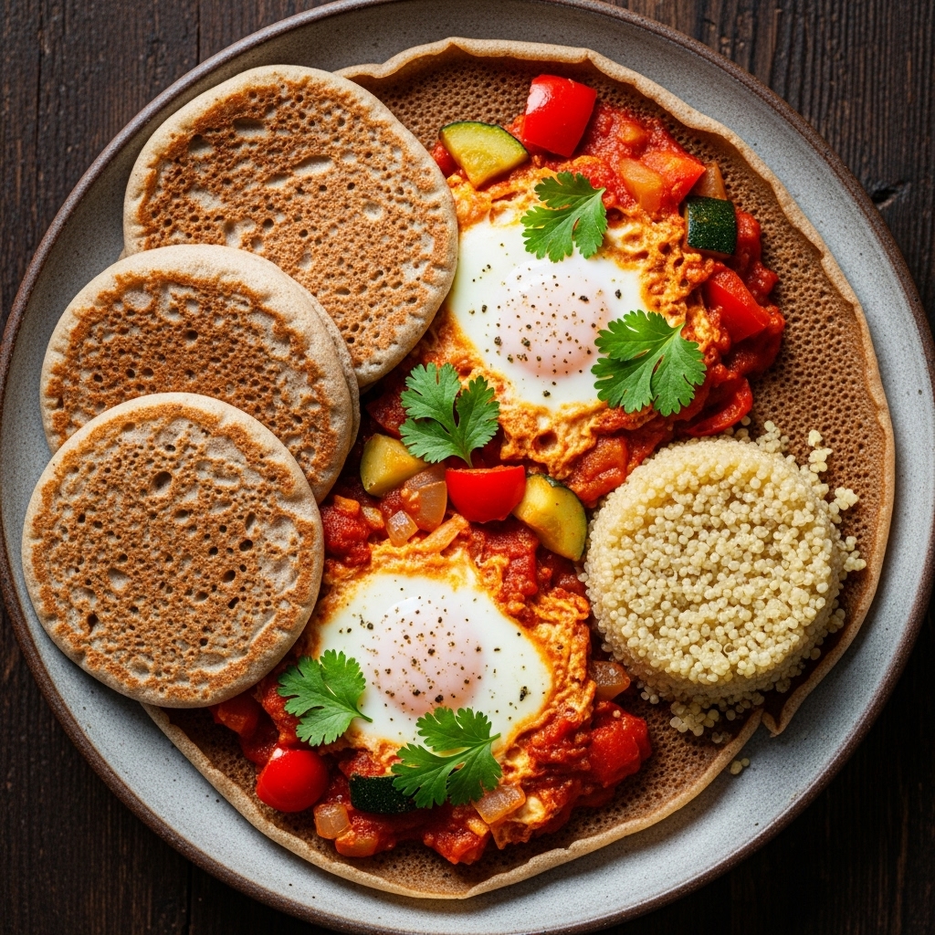 Gluten-Free Ethiopian Injera Pancakes with Veggie Shakshuka & Quinoa