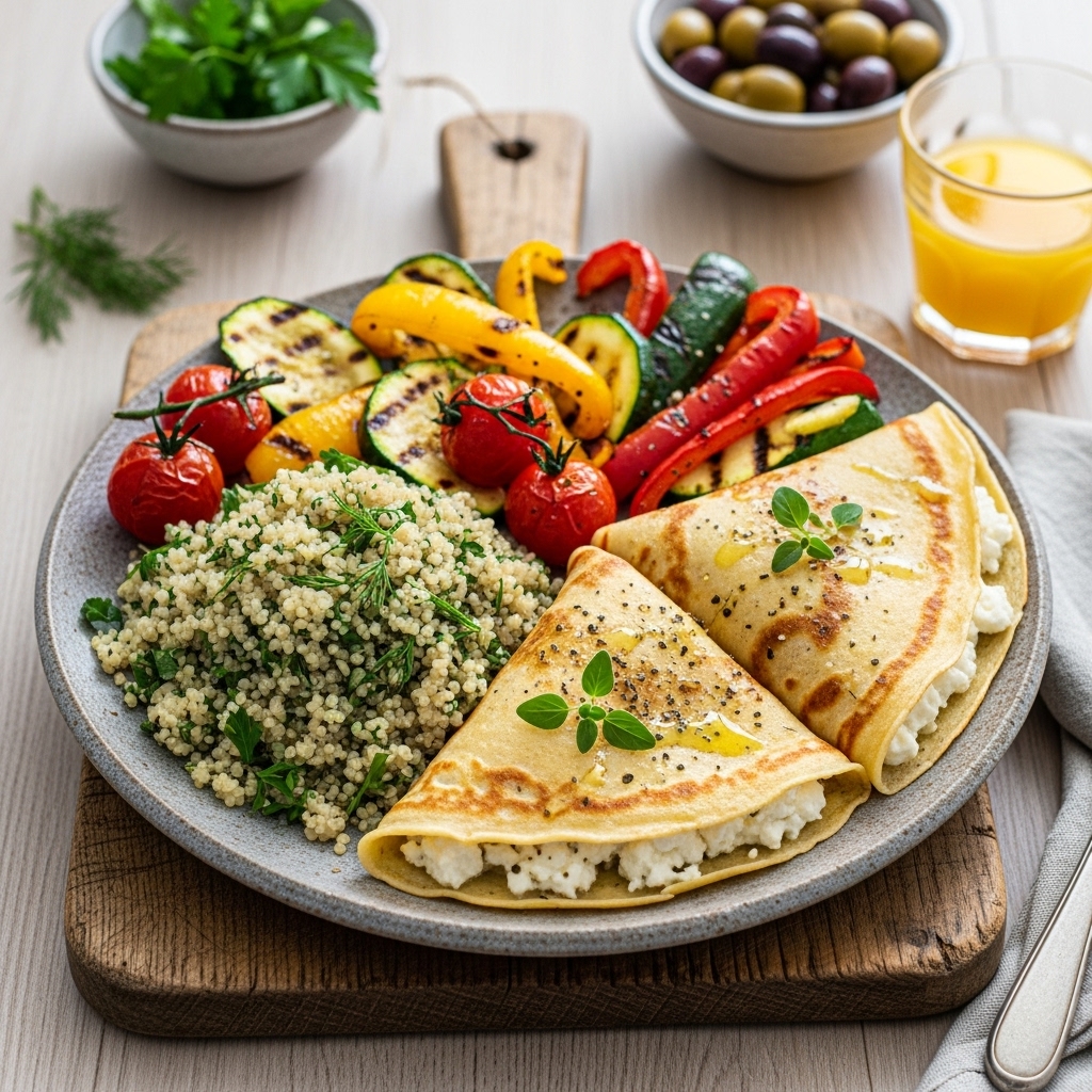 Gluten-Free Greek Breakfast Feast: Savory Feta Crepes with Grilled Vegetables and Herbed Quinoa