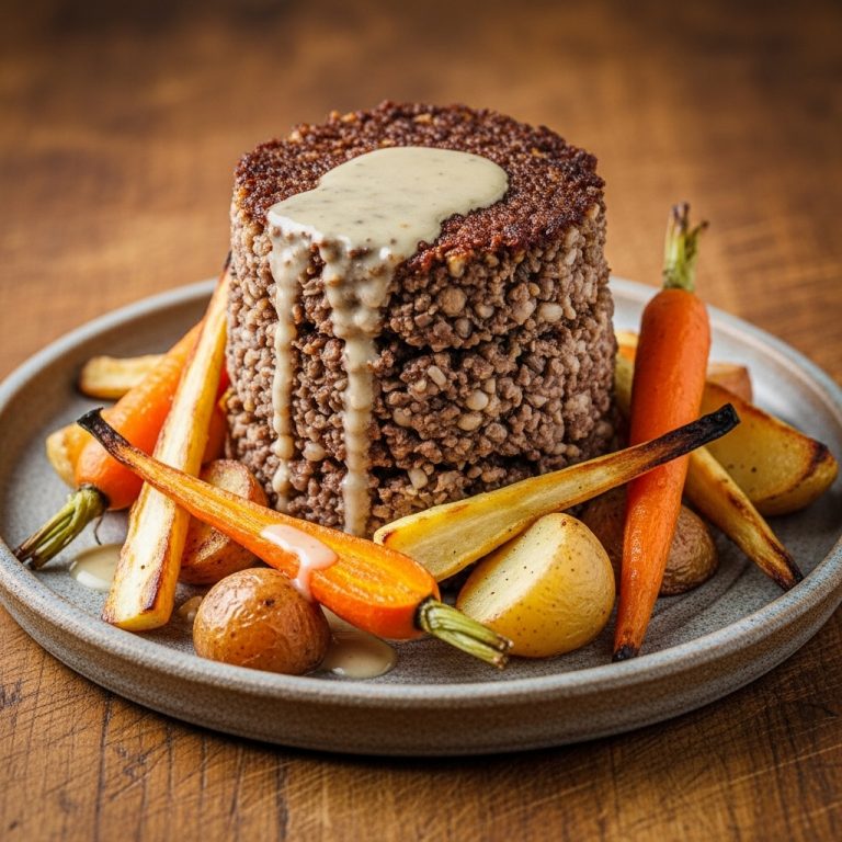 Gluten-Free Haggis Tower with Whisky Cream Sauce and Roasted Root Vegetables