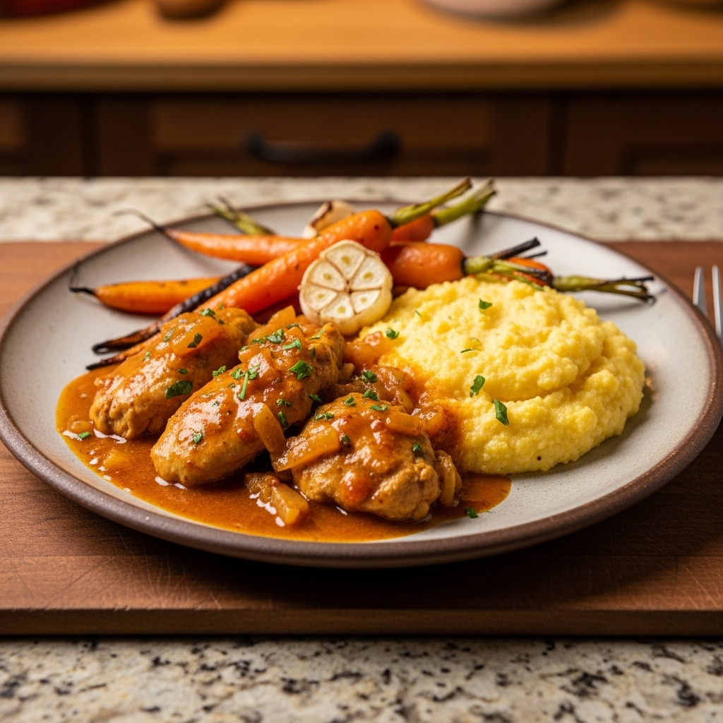 Gluten-Free Hungarian Chicken Paprikash with Creamy Polenta and Garlic Roasted Carrots
