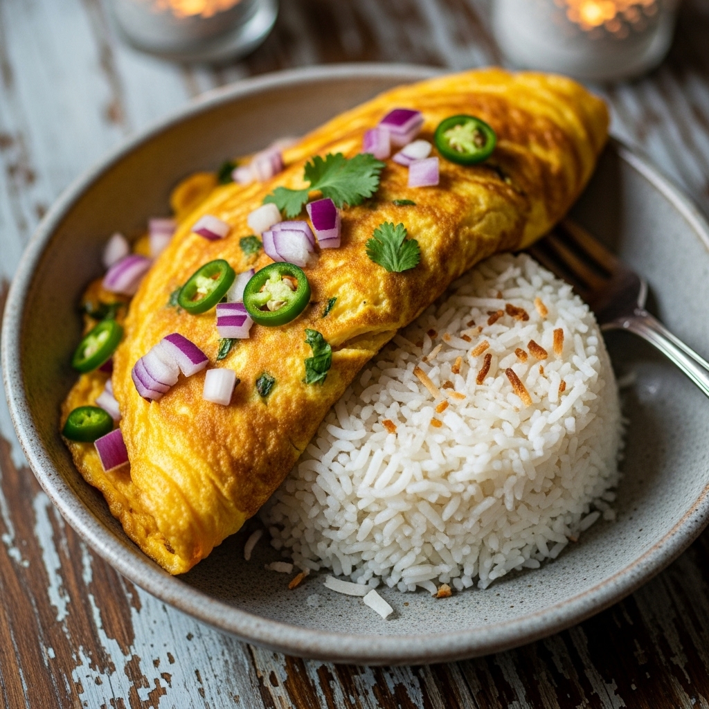 Gluten-Free Indian Breakfast Delight: Mouthwatering Masala Omelette with Coconut Rice Bowl