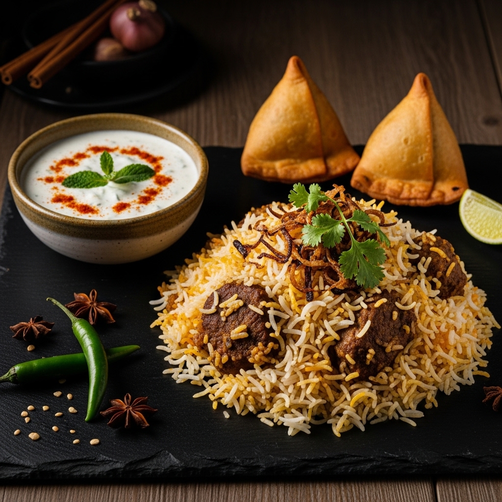 Gluten-Free Indian Feast: Aromatic Lamb Biryani with Cucumber Raita & Vegetable Samosas