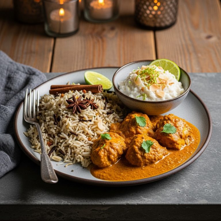 Gluten-Free Indian Feast: Fragrant Basmati Pilaf with Spiced Chicken Curry and Coconut Lime Rice Pudding