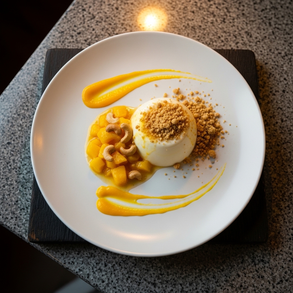 Gluten-Free Indonesian Coconut Panna Cotta with Mango Compote and Crispy Cashew Crumble