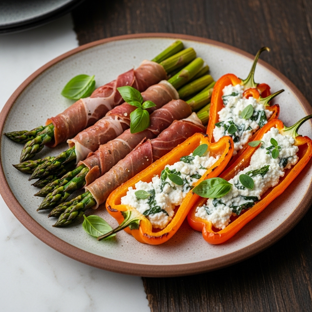 Gluten-Free Italian Brunch Delight: Prosciutto-Wrapped Asparagus & Bell Peppers with Herbed Ricotta
