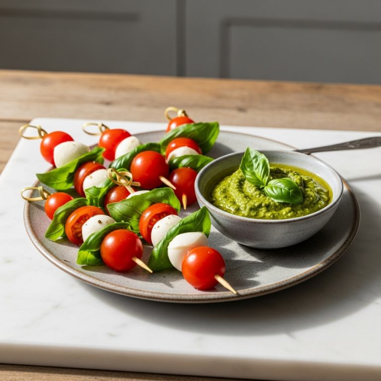 Gluten-Free Italian Caprese Salad Skewers with Basil Pesto Dip