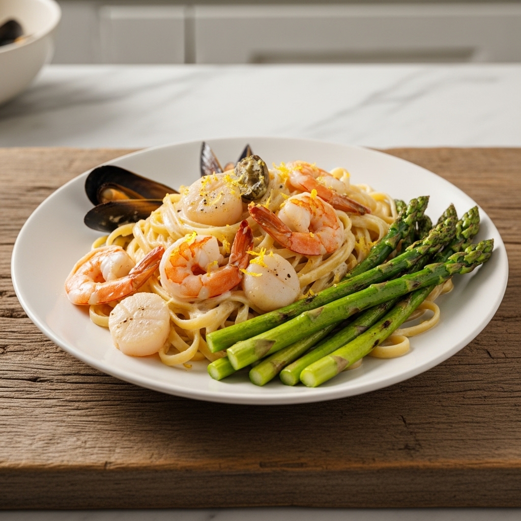 Gluten-Free Italian Seafood Fettuccine Alfredo with Grilled Asparagus and Lemon Zest