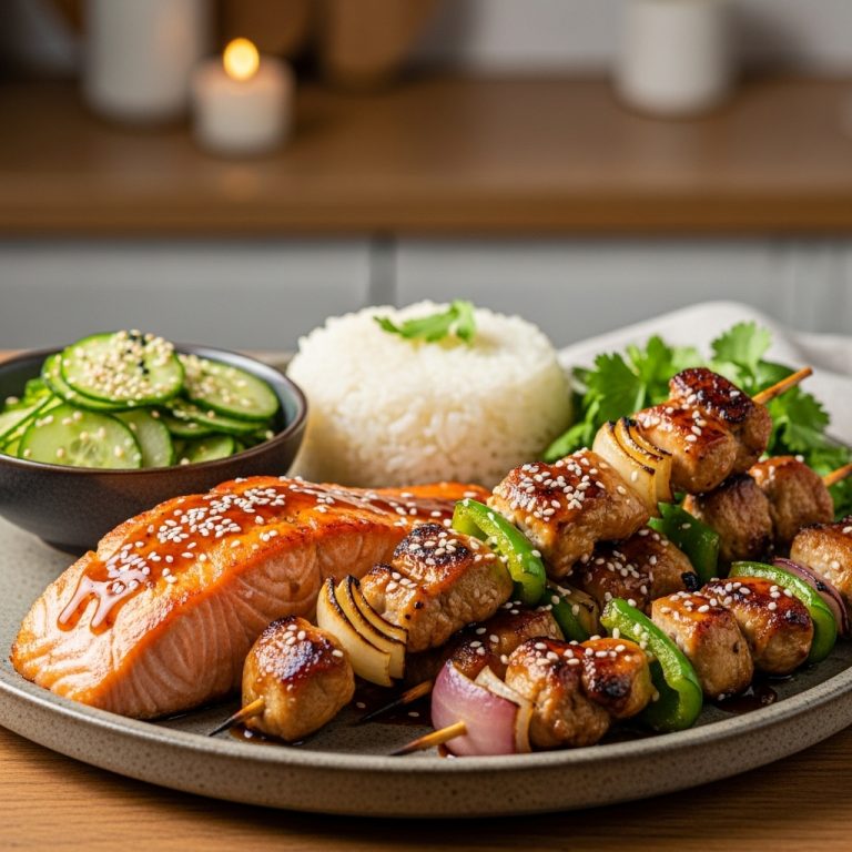 Gluten-Free Japanese Dinner Feast: Miso Glazed Salmon, Teriyaki Chicken Skewers, Cucumber Sunomono & Sticky Rice