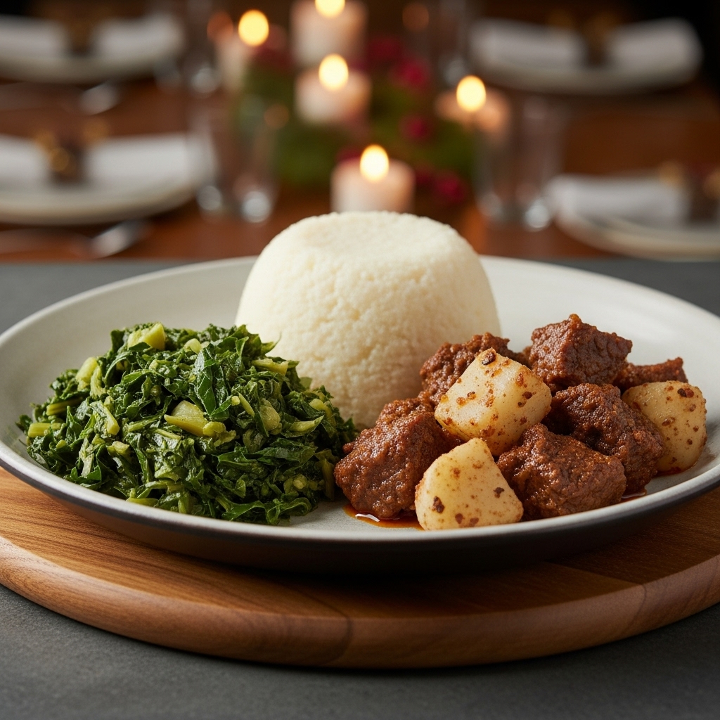 Gluten-Free Kenyan Breakfast Platter: Ugali, Sukuma Wiki, and Nduma Nyama