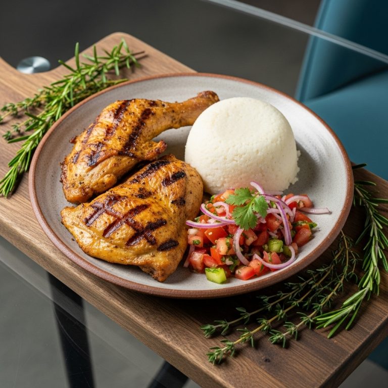 Gluten-Free Kenyan Lunch Feast: Succulent Grilled Chicken with Ugali and Kachumbari Salad