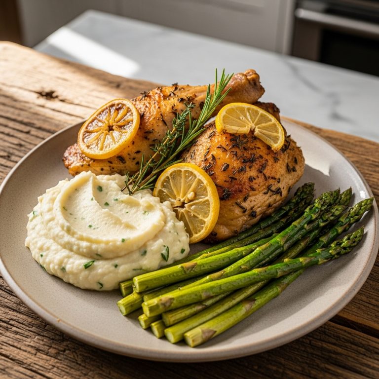 Gluten-Free Lemon Herb Roasted Chicken with Garlic Mashed Cauliflower and Roasted Asparagus