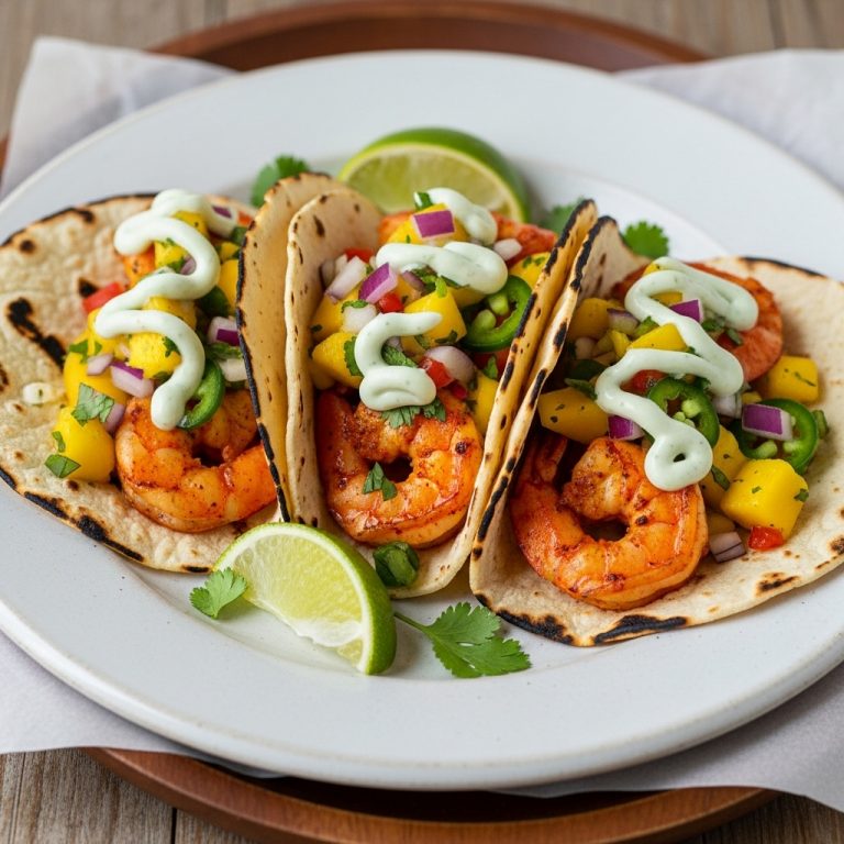 Gluten-Free Mexican Fiesta: Succulent Grilled Shrimp Tacos with Zesty Mango Salsa and Lime Crema