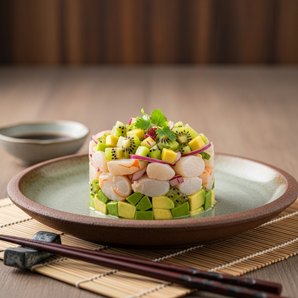 Gluten-Free New Zealand Seafood Delight: Scallop Ceviche Tower with Avocado Mousse and Kiwifruit Salsa